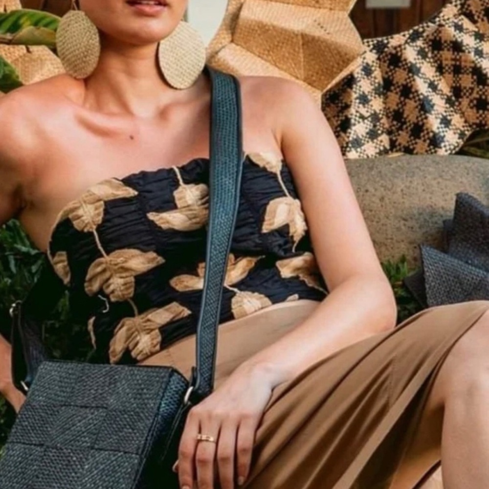 ZARA Black & Beige Floral Embroidered Draped Smocked Strapless Cropped Tube Top